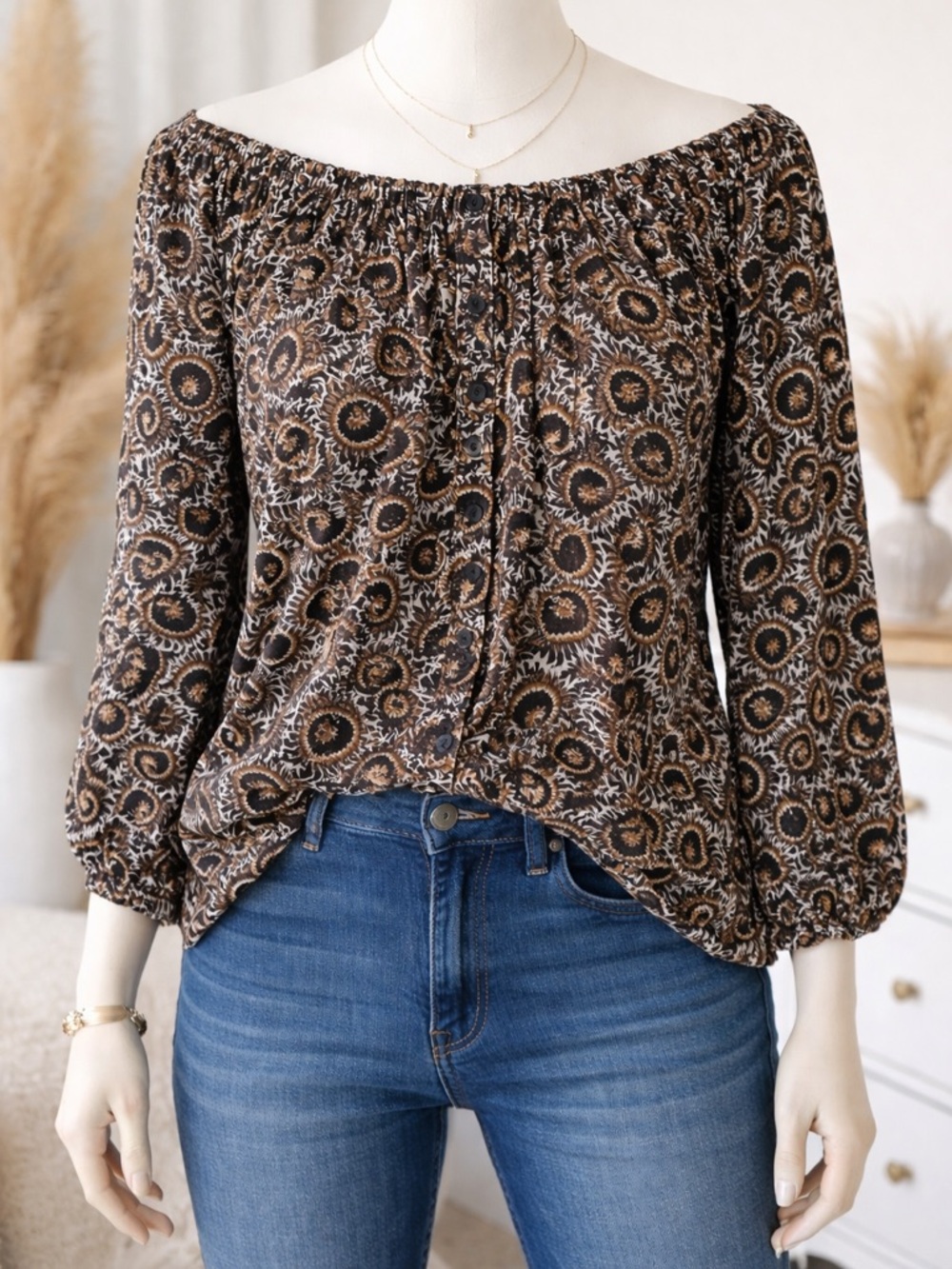 White Stag Neutral Combo Paisley Peasant Blouse Brown Black Flowy